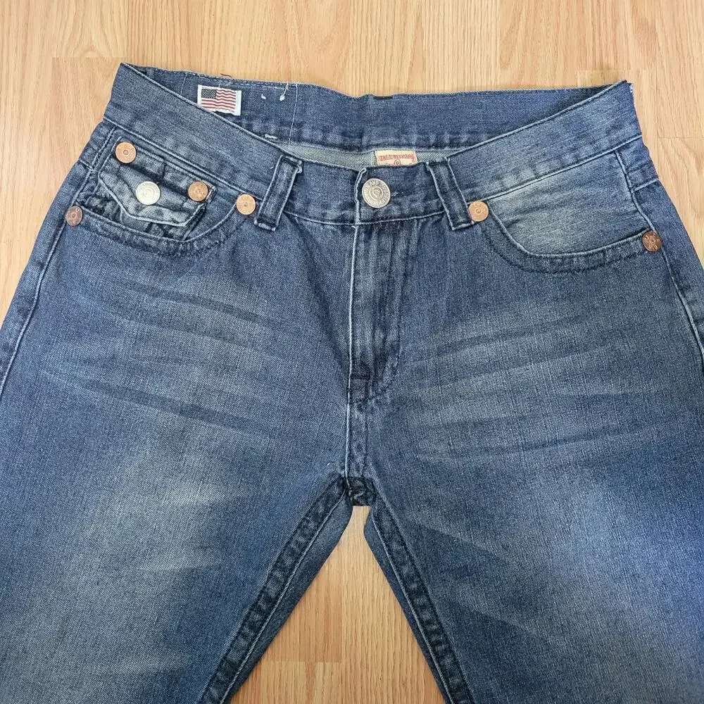 True Religion Mens Denim Shorts Sz 34 Blue‎ Jean Medium Wash Whiskers
